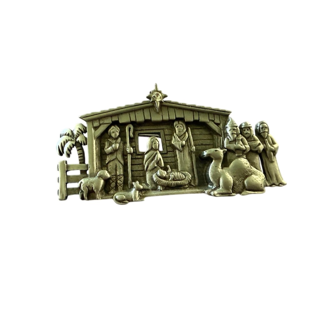Vintage JJ Jonette Jewelry Pewter Nativity Scene Brooch Pin Christmas SilverTone